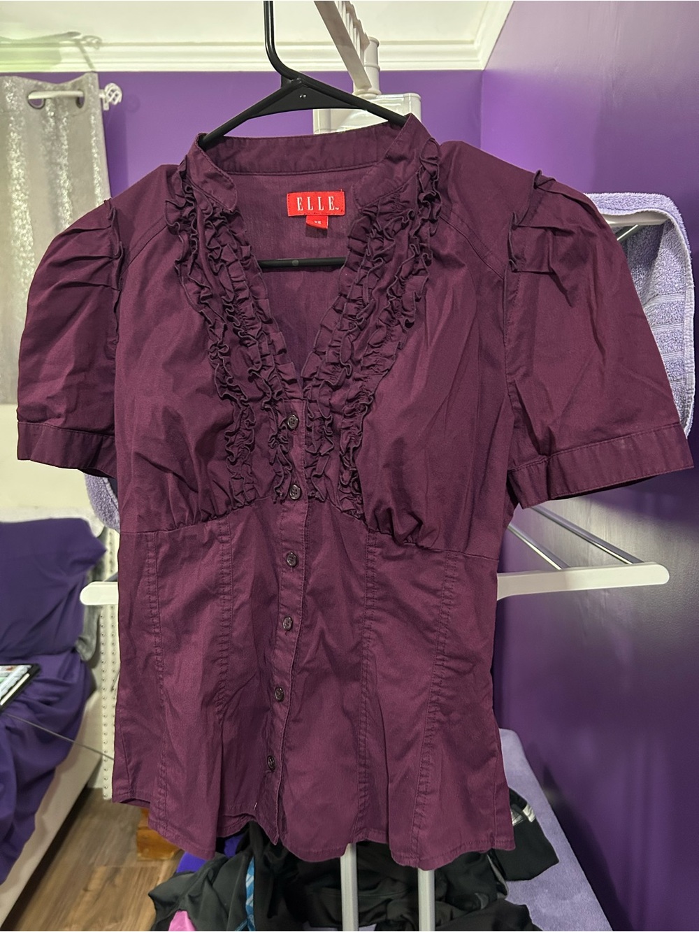 ELLE Plum Ruffle Button Front Blouse Size XS Corporate Goth